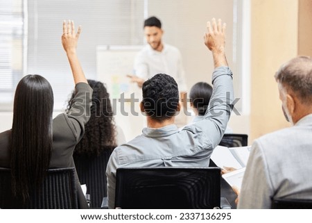 Business presentation, audience and people hands for questions in training, workshop or feedback. Seminar, coaching and crowd with hand vote, answer or idea for mentor, speaker or business man leader Royalty-Free Stock Photo #2337136295