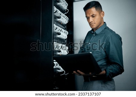 IT engineer man, laptop and server for inspection, thinking or troubleshooting with analysis, night or programming. Information technology expert, computer or database with problem solving mindset Royalty-Free Stock Photo #2337137107
