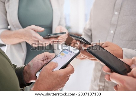 Phone, hands and group of people for contact us, mobile app and networking, communication or online chat. Website, connection and professional woman with team typing, search or social media on screen
