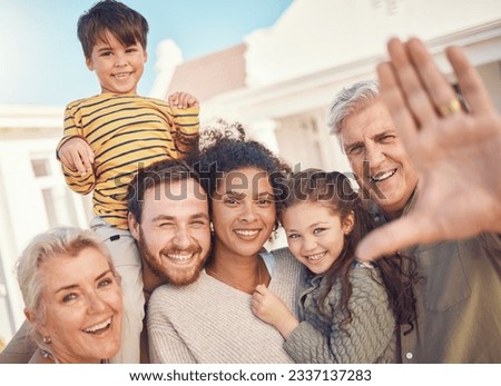 Selfie, portrait and family, generations and happiness, grandparents with parents and children for social media post. Bonding, love and trust, happy people smile in picture outdoor and photography