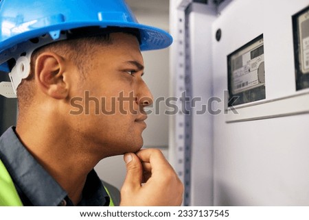 Electrician, thinking and technician with man in control room for inspection, quality assurance and energy. Electricity, safety and industrial with handyman for maintenance, check and power box