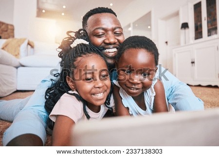 Online, happy and tablet with black family in living room for streaming, games and elearning app. Digital, technology and internet with man and children at home for movies, education and network