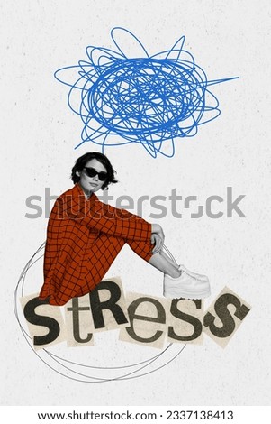 Female crisis collage illustration of complicated thoughts business model woman sitting stressful isolated on white color background