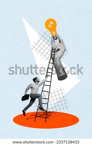 Vertical collage design of successful formalwear businessman climb upstairs climb ladder startup lightbulb isolated on blue background Royalty-Free Stock Photo #2337138433