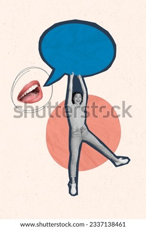 Full body photo collage of young girl hanging huge blue textbox empty space information message mouth scream isolated on beige background