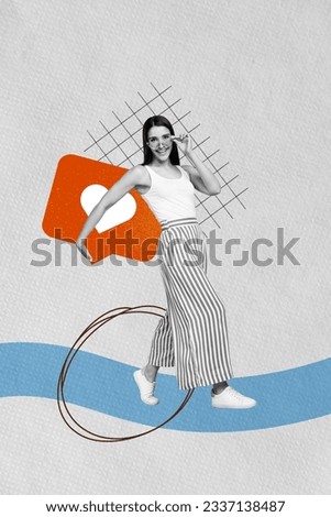 Vertical full body length collage beautiful lady carry huge red like notification heart symbol repost isolated on grey plaid background