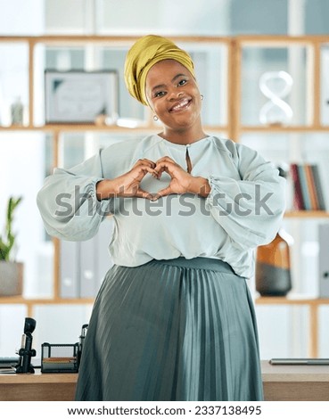 Black woman, corporate and heart hands, smile in portrait and professional mindset with emoji and love career. Female lawyer, hand gesture and care, vote and health, feedback and support in workplace