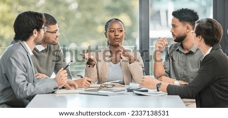 Business meeting, conversation and company strategy with diversity and communication. Corporate, management conversation and planning of a training team in workshop with teamwork and collaboration Royalty-Free Stock Photo #2337138531