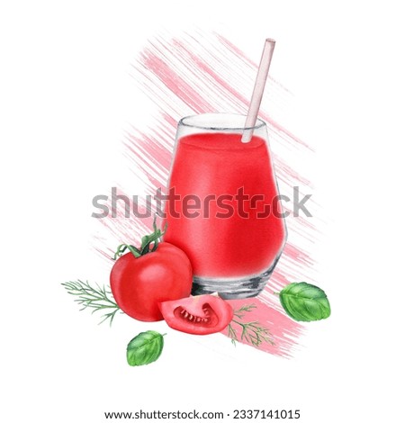 A composition with glass of tomato juice, tomatoes, basil, dill and brushstrokes. Watercolor illustration isolated on white for clip art menu label