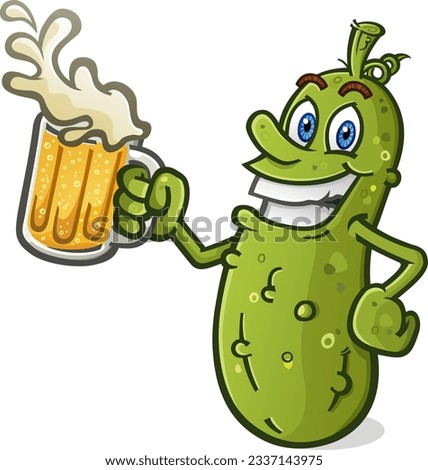 Cool pickle cartoon character with attitude holding a big cold frothy mug of light lager beer with splashing foam spilling over the rim ready for a good victory drink vector clip art
