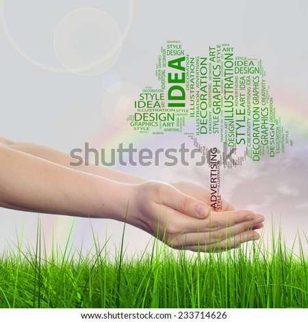 Concept conceptual abstract art design word cloud tagcloud tree on rainbow sky grass background metaphor to graphic, nature, ecology, child, young, idea, style, creative, fashion, decor or abstract