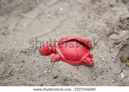 A closeup of a broken red turtle toy in the sand