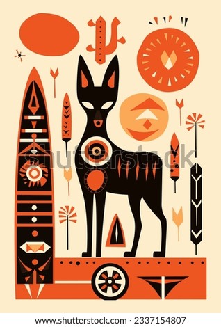 Abstract ethnic style vector illustration of black fox, coyote. Trandy design, retro. Geometric form, unique style art. . For poster, card, banner, logo, typography.