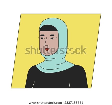 Arab woman wear hijab flat color cartoon avatar icon. Pretty muslim lady. Editable 2D user portrait linear illustration. Isolated vector face profile clipart. Userpic, person head and shoulders