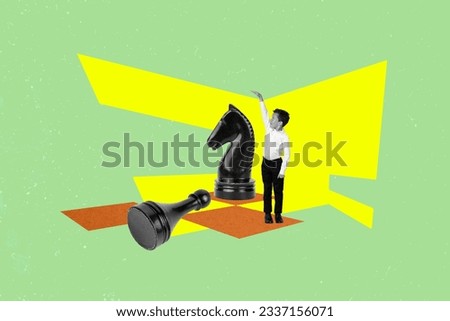 Artwork collage of mini black white effect boy arm measure height chess night figure isolated on creative drawing background