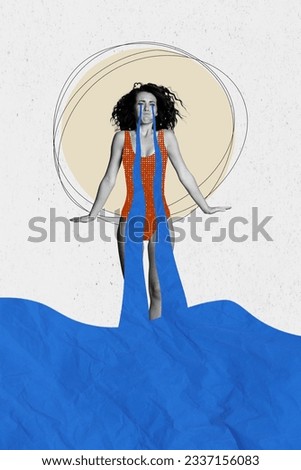 Collage photo metaphor artwork of funny crying girl wearing bikini swimsuit crying swimming her tears ocean isolated over summer background