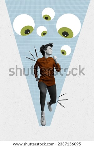 Collage funky young girl running eyeballs spying watching psychedelic picture oversee privacy security isolated over white color background
