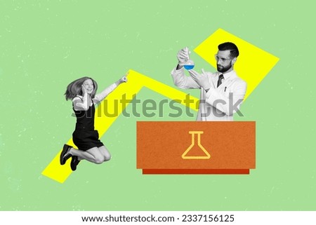 Collage picture of excited black white colors girl jump point finger professor hold tube science experiment isolated on green background