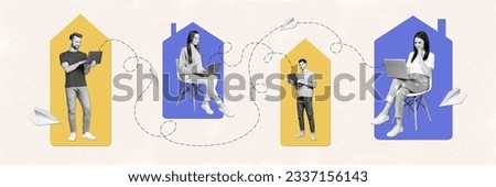 Photo collage artwork minimal picture of happy people communicating devices sitting home isolated beige color background Royalty-Free Stock Photo #2337156143