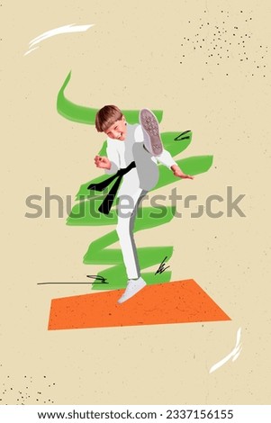 Vertical collage image of excited cheerful boy jumping leg kick karate uniform isolated on painted beige background
