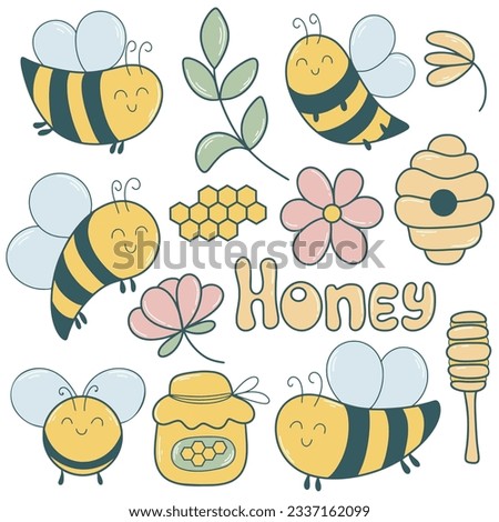 Hand drawn cute bee set. Honeycomb, insect, honey, flower, herbs clip art. Funny baby characters, isolated vector illustration