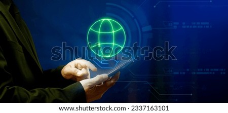 Businessman using smart phone with glowing neon line of hand holding globe icon. Earth and environment protection, social responsibility for nature, global network concept. 4K motion graphic animation