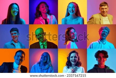 Collage made of portraits of different young people, men and women smiling against multicolored background in neon light. Concept of human emotions, lifestyle, facial expression. Ad