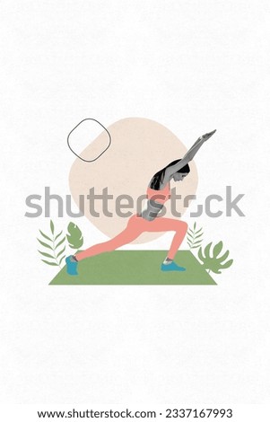 Vertical collage image of calm focused black white effect girl stretching practicing yoga workout fresh air outdoors isolated on drawing background