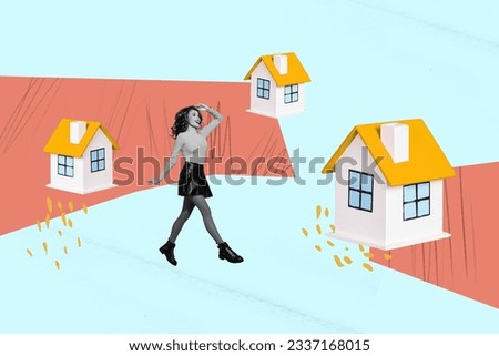 Creative abstract template collage of funny beautiful female real estate mortgage realtor building choose house apartment settlement rent