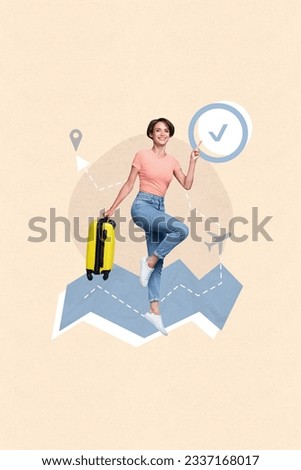Vertical collage picture of cheerful girl jump hold suitcase point finger checkmark icon plane flight route location isolated on beige background