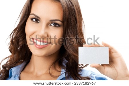 Happy smiling business woman showing blank business card, isolated over white backround