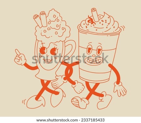 Collection cute cartoon characters of coffee takeaway and pastries donut, chocolate chip cookie, ice cream and cupcake. Vector illustration. Isolated desserts food and drink in retro nostalgic style