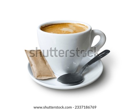 Coffee cup with saucer, teaspoon and a pack of brown sugar isolated on empty background Royalty-Free Stock Photo #2337186769
