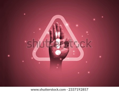 Hand showing gesture with triangle caution warning sign for notification error maintenance and stop concept.