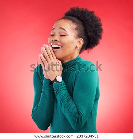 Thank you, praying and black woman in studio happy, relief and grateful against red background. Blessing, gratitude and African female smile for good news, outcome or results, solution or answer Royalty-Free Stock Photo #2337204931