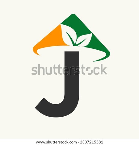 Agriculture Logo On Letter J Concept With Farmer Hat Icon. Farming Logotype Template