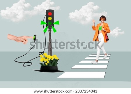 Poster banner collage sketch of charming positive lady crossing road excursion promenade going green light isolated on drawing background
