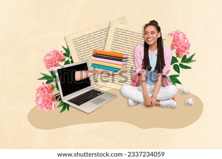 Illustration image collage of cute girl student sitting studying elibrary hand from display laptop hold books isolated on beige background