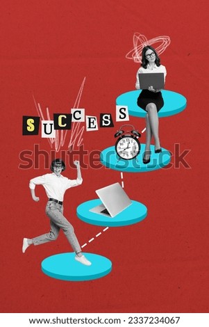 Template creative collage of inspired excited lady worker motivated achieve success run climb career ladder