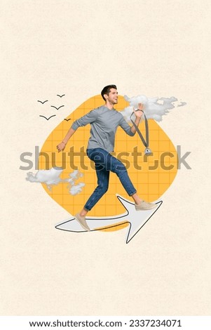 Vertical collage picture of cheerful delighted guy running arrow pointer cursor hand hold first place winner medal clouds sky flying birds