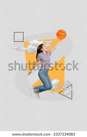 Vertical photo collage picture of positive girl jumping funky play basketball hold ball sportive intense cardio isolated on grey background