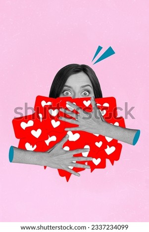 Vertical collage image of black white effect girl arms hold like notification cover face isolated on creative pink background