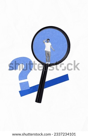 Vertical collage image of mini black white effect clueless guy inside huge magnifier lens glass question mark isolated on white background Royalty-Free Stock Photo #2337234101