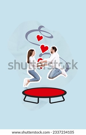 Banner postcard collage magazine of happy wife husband have fun free time jumping trampoline rejoicing isolated on blue drawing background
