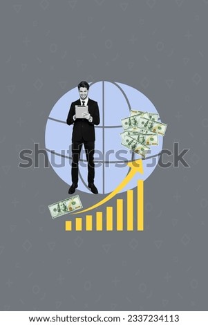 Banner image collage artwork sketch of successful handsome man agent browsing ipad btc rate growth up isolated on grey background