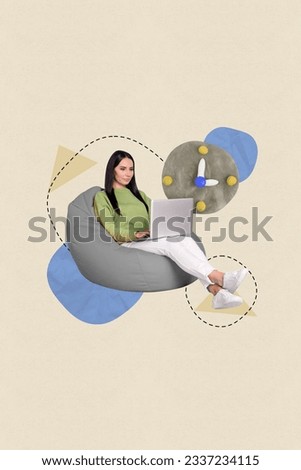 Vertical collage picture of successful girl sitting comfort beanbag use netbook plasticine wall watch clock isolated on drawing background