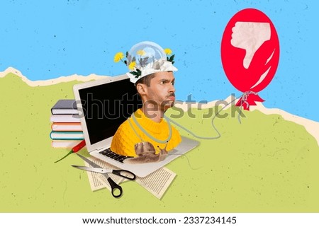 Composite collage of funny young guy stupid student unhappy learning online do not prepare exams bad marks isolated on drawn background