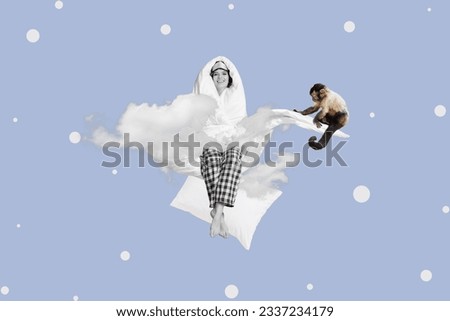 Poster picture collage of cute charming cheerful girl wrapped soft comfy blanket preparing sleep isolated on painted blue background Royalty-Free Stock Photo #2337234179