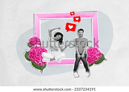 Creative abstract template collage of young couple happy positive photo frame memory album pink flowers celebrate valentine day anniversary
