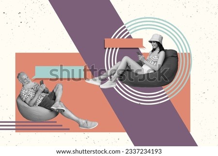 Creative composite concept photo collage of positive relaxed people texting sit in bean bag with smartphones isolated graphics background